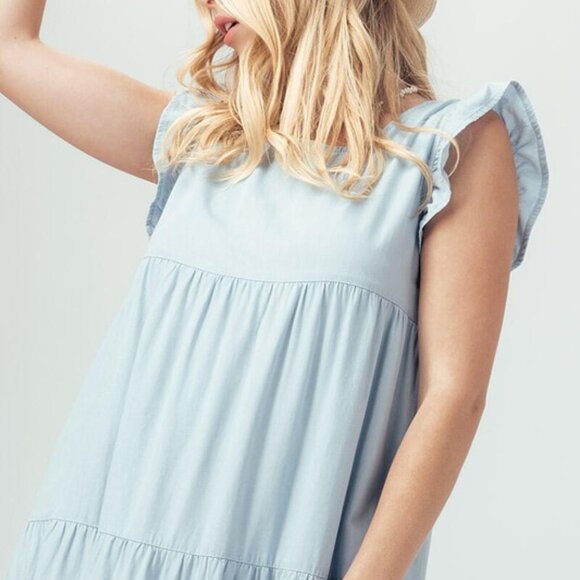 Casual Sleeveless Denim Maxi Dress - Babydoll Ruffle Long Dress - Picture 6 of 6